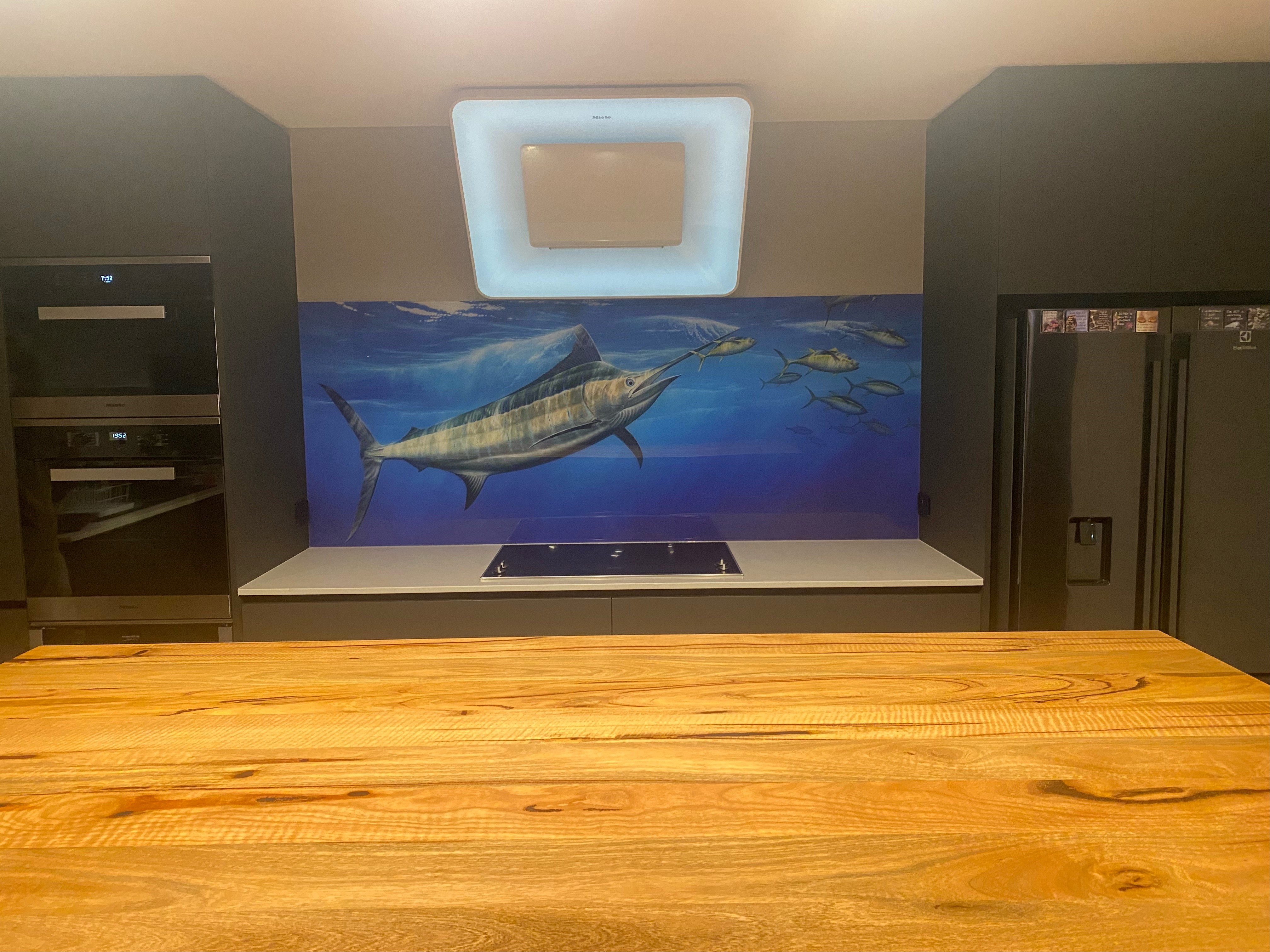 Printed Acrylic Kitchen Splashback, printed kitchen splashback, printed acrylic splashback, printed polymer splashback, fish image splashback, image splashback, marlin image splashback